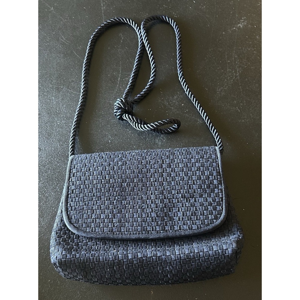 Neiman Marcus Navy Blue Woven Small Cross Body Bag Coastal Beach Quiet Luxury